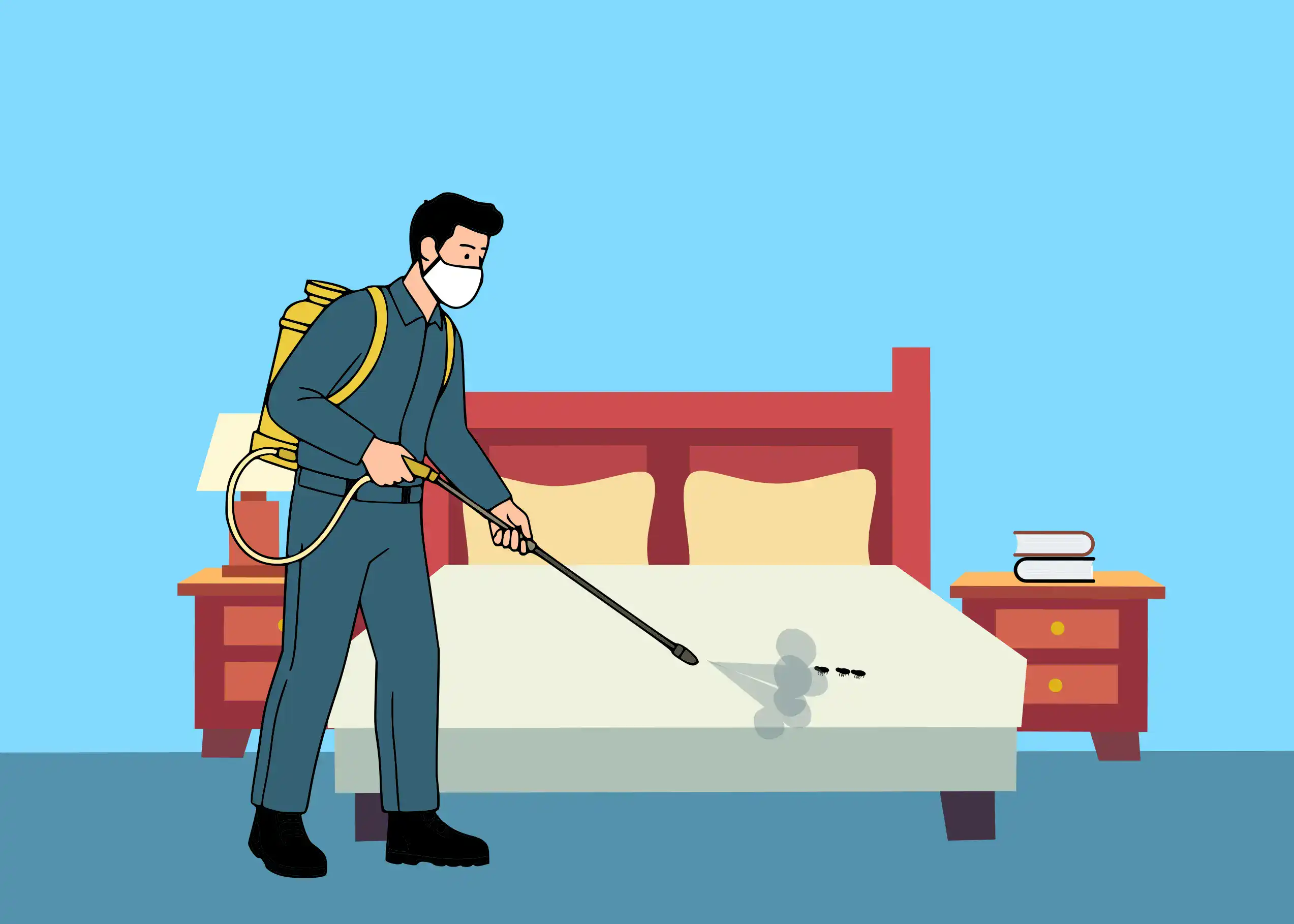 Pest control technician spraying bed bugs in a bedroom.