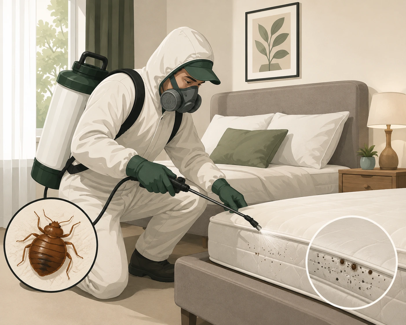 Pest control technician in protective gear inspecting a bed for bed bugs in a Durban home.