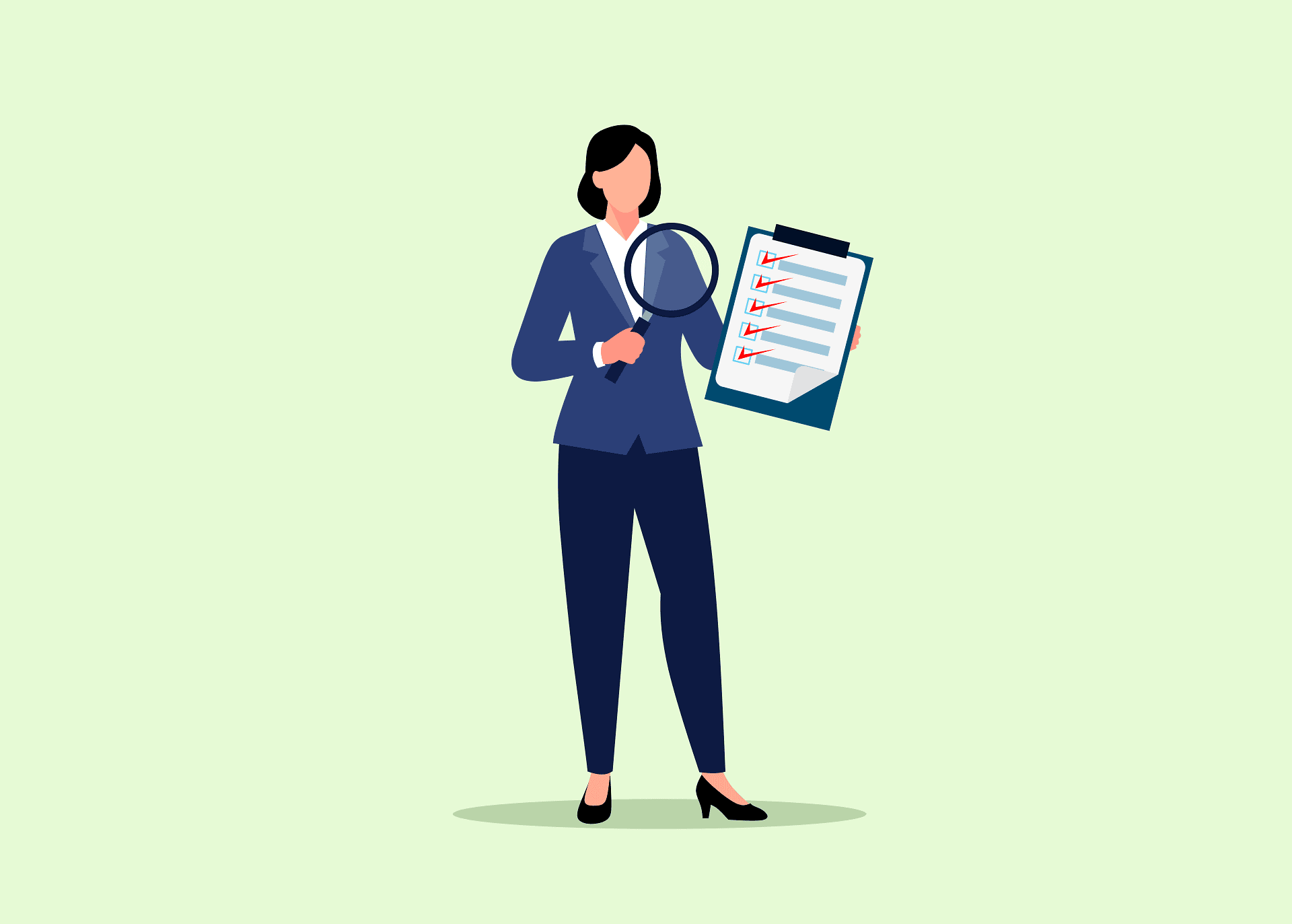 Businesswoman inspecting pest control checklist with magnifying glass.
