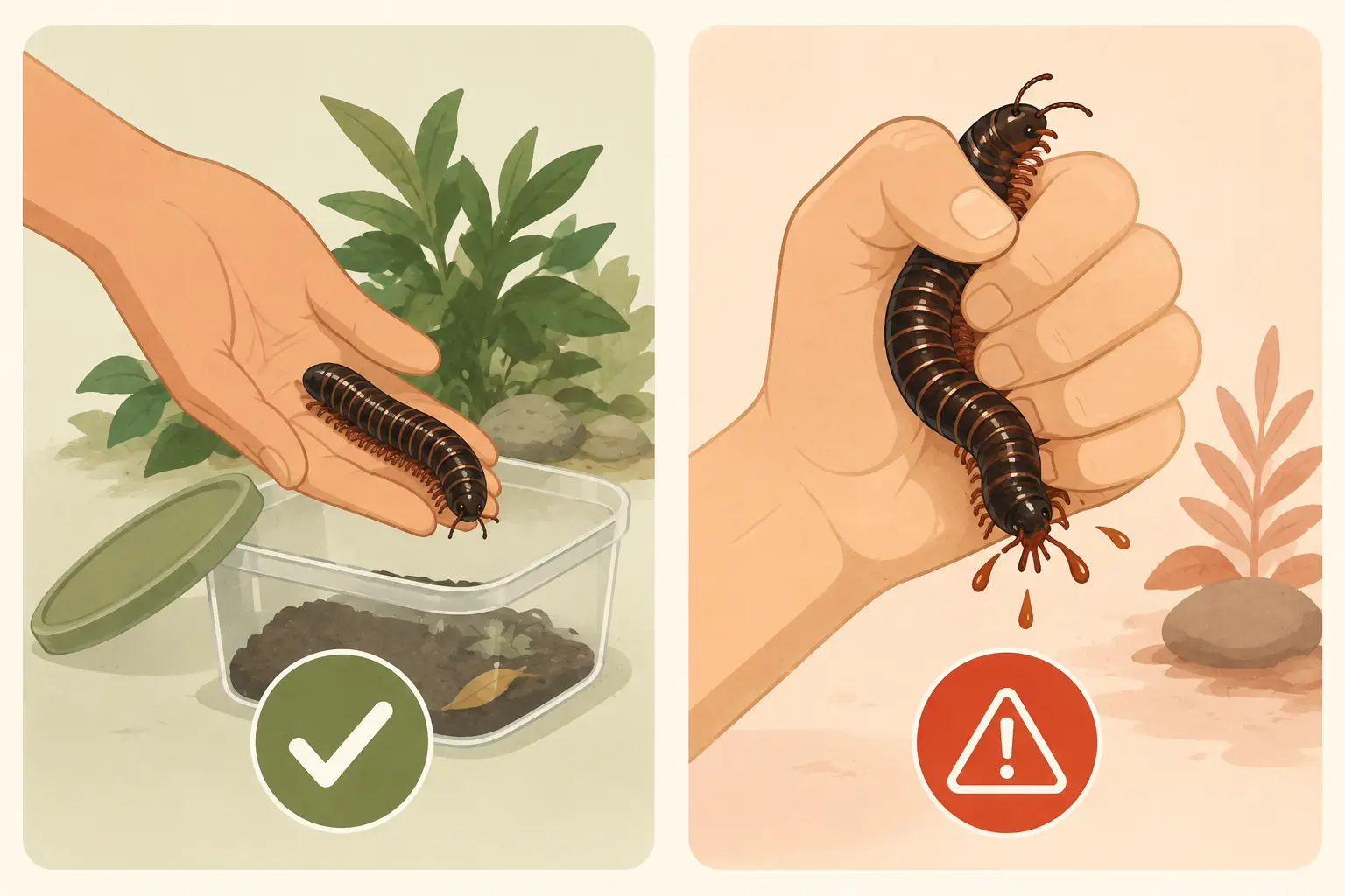 Illustration showing the right way to handle a shongololo, scooping gently rather than squeezing