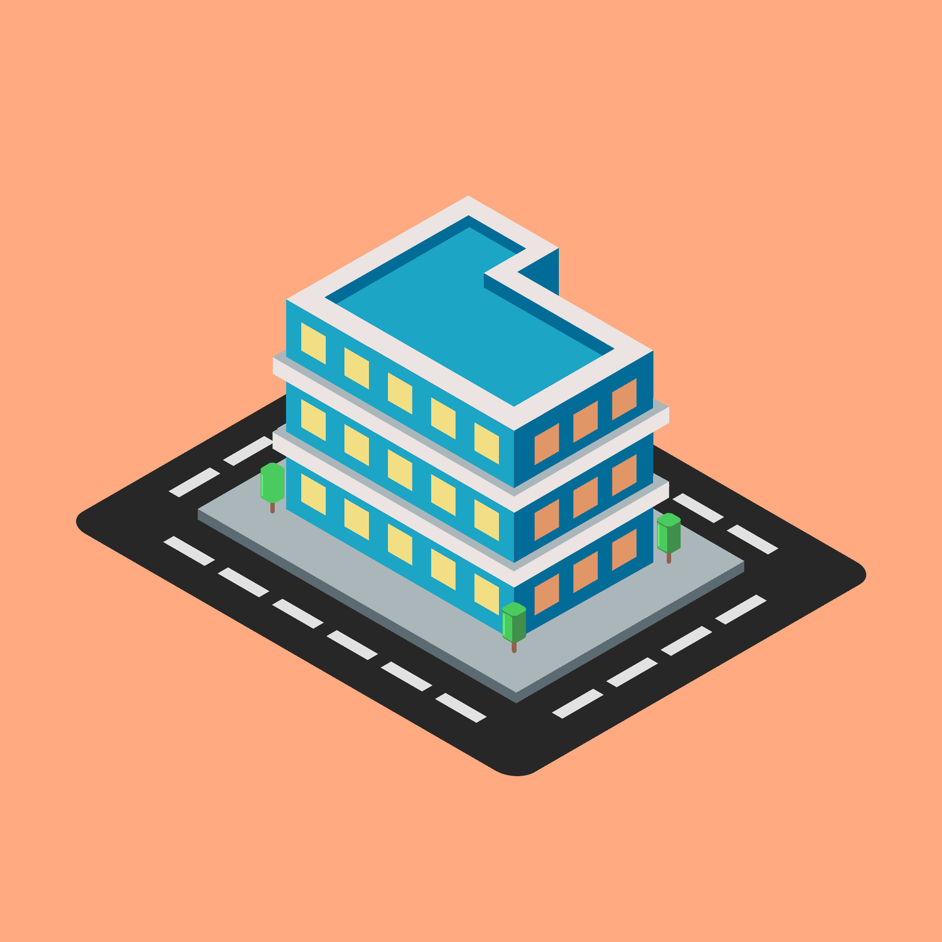 Isometric illustration of a modern hotel building with surrounding roads and trees.
