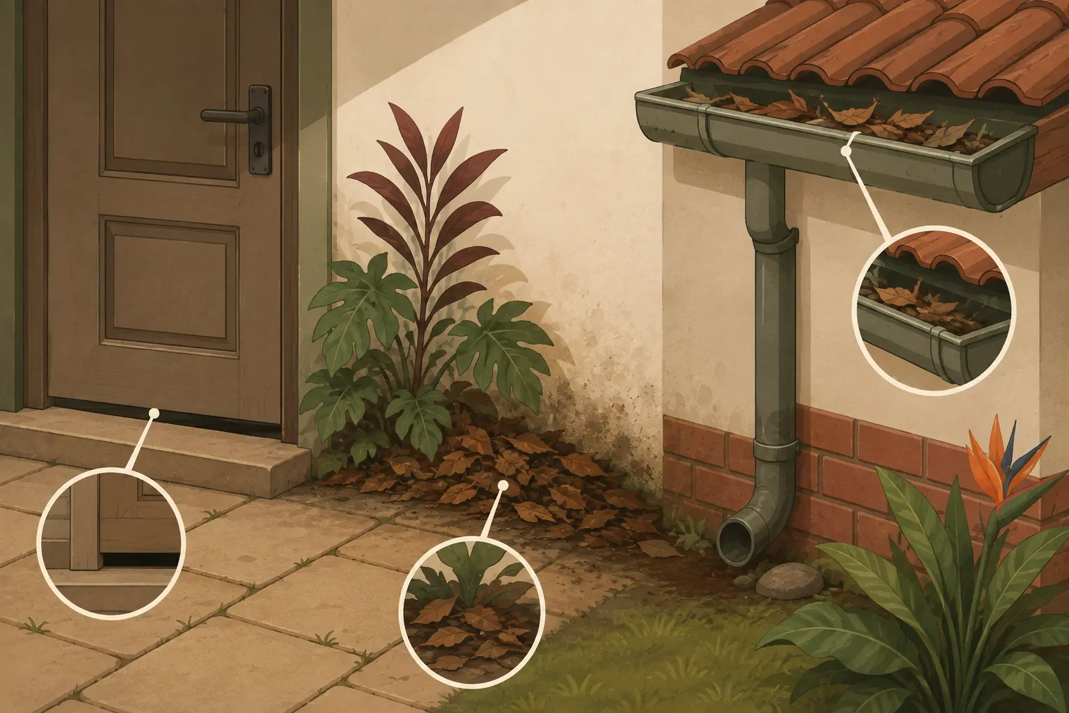 Illustration of a Durban home exterior showing common entry points for shongololos, including gaps under doors and damp leaf litter