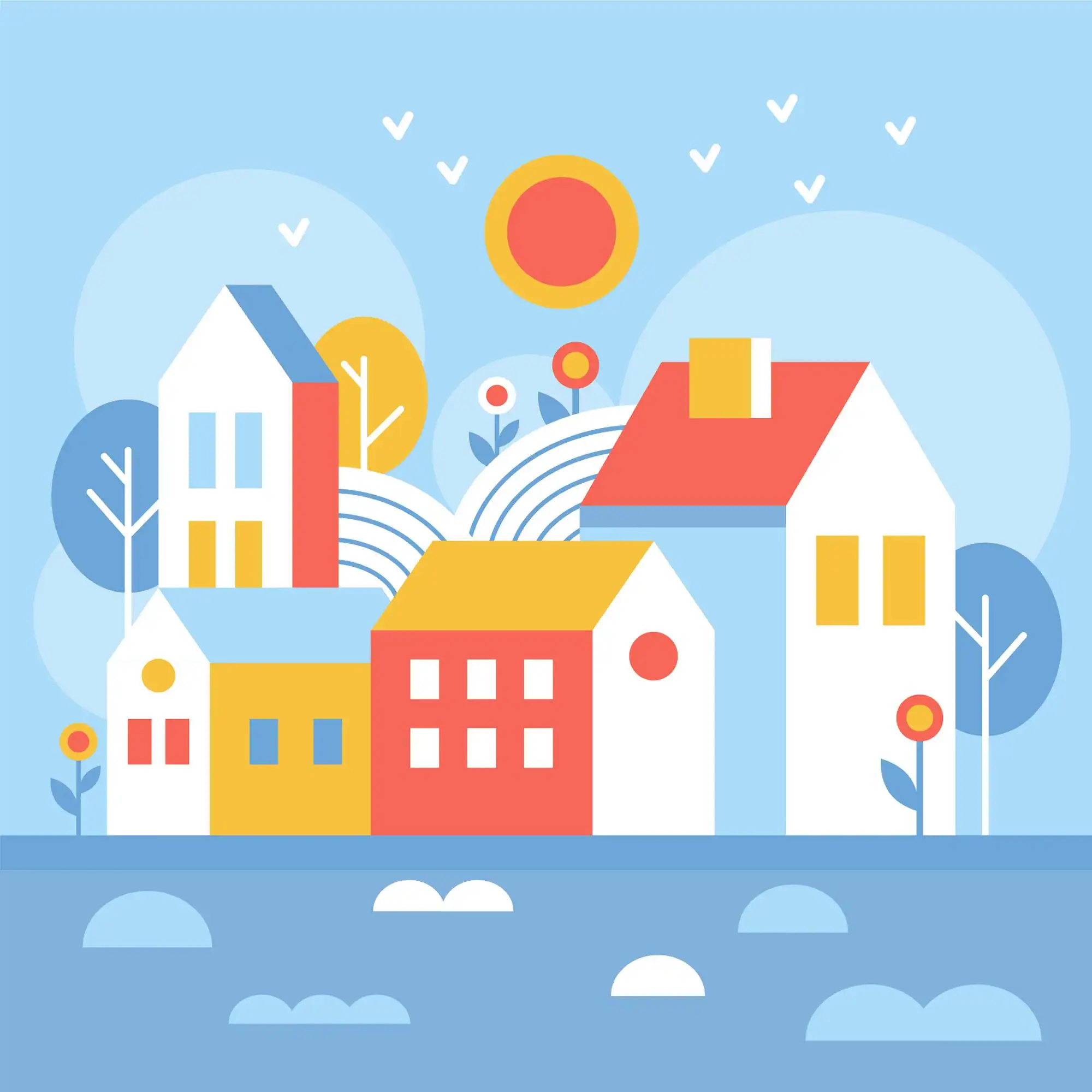 Colorful illustration of suburban houses with trees and sun in the sky.