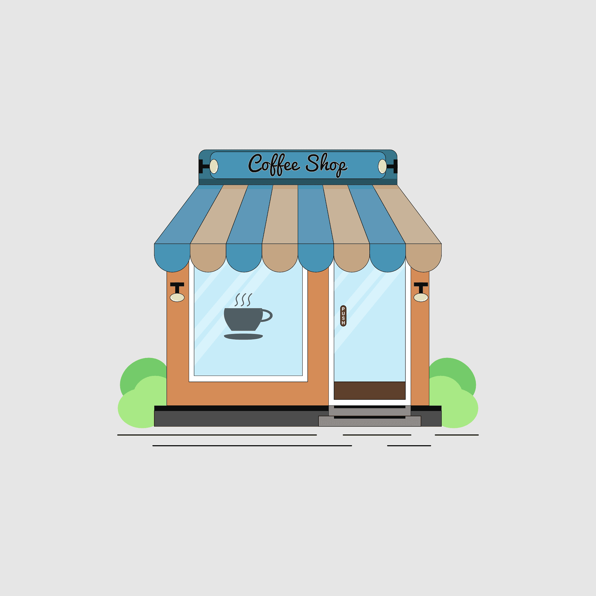 Colorful coffee shop storefront with striped awning and steaming cup icon.