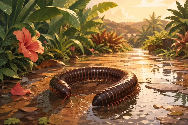 A shongololo curled up on a wet garden path in a Durban garden after rain