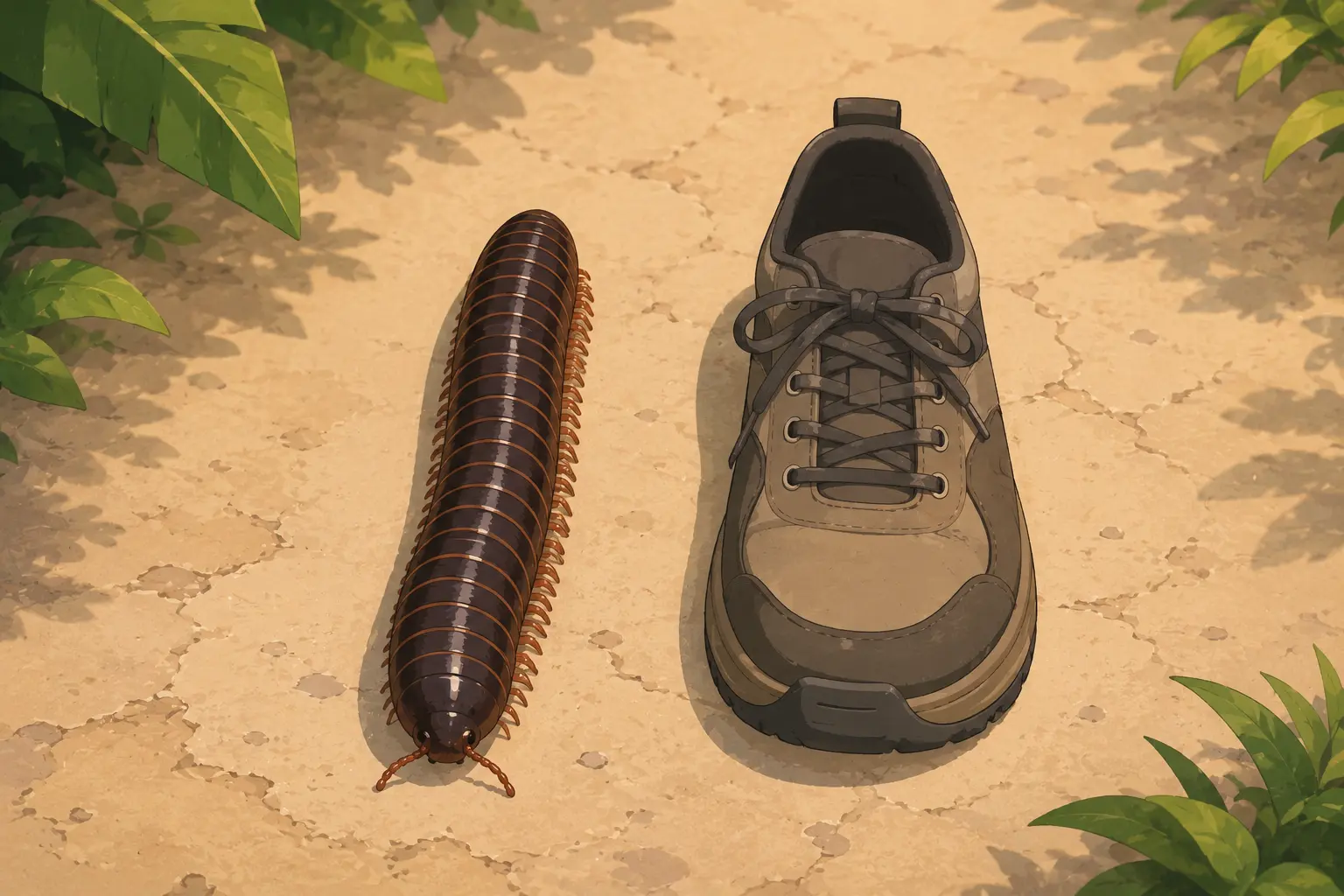Size comparison showing how large a giant African millipede can grow, next to a standard adult shoe