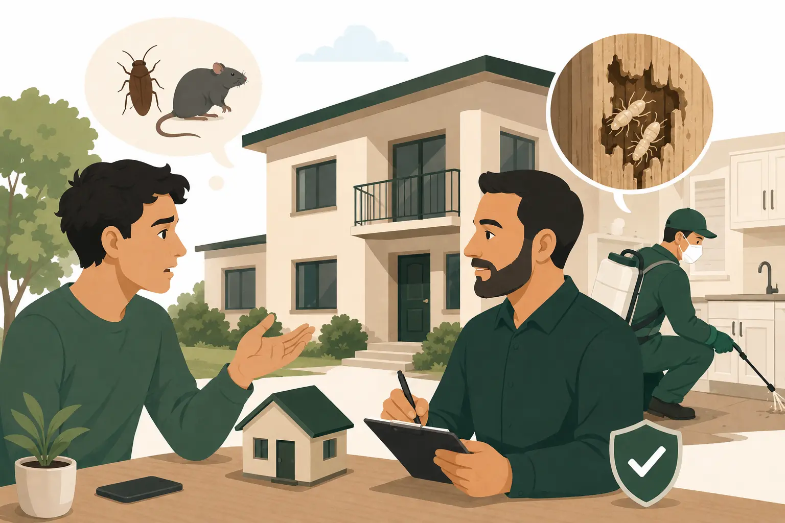 Illustration of a tenant and landlord discussing pest control responsibility at a rental property.