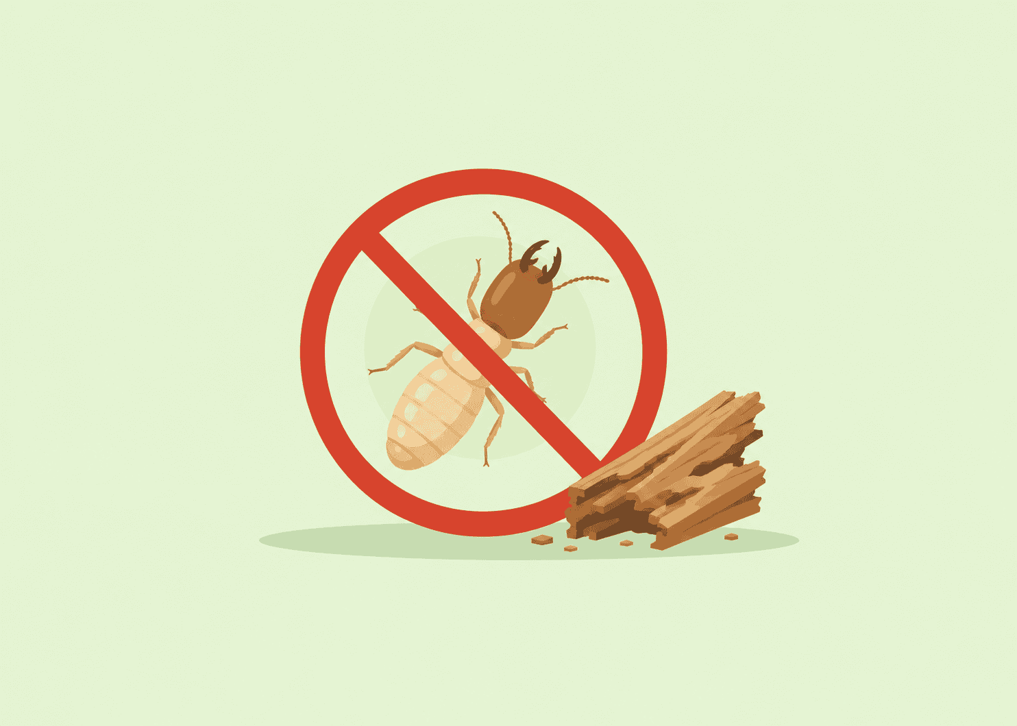 Illustration of a termite with a prohibition sign and wood debris.