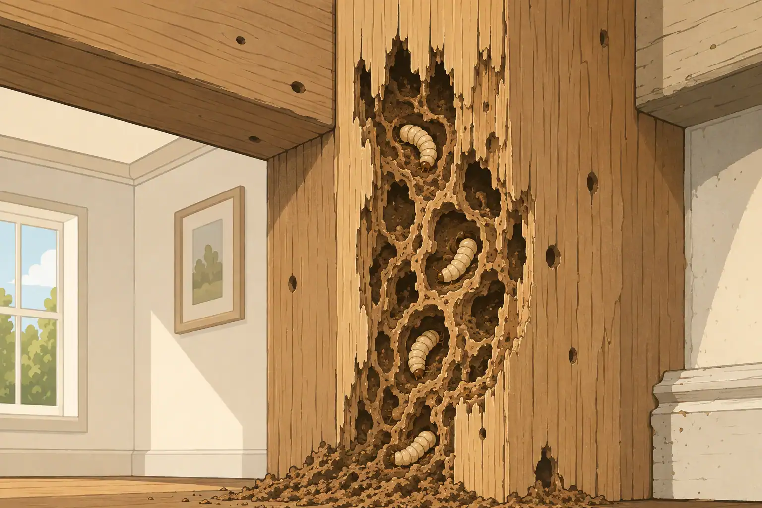Close-up of wood borer infestation in wooden wall.