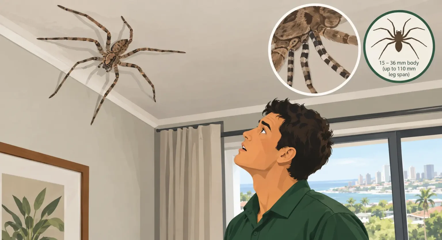 Rain spider on a lounge ceiling in a coastal South African home, with insets showing the black and white banding on the underside of the legs and a 15 to 36 mm body size with up to 110 mm leg span