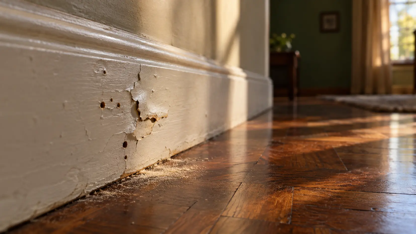 Damaged painted skirting board in a Durban home with small round exit holes and fine pale wood dust collected on the parquet floor below.
