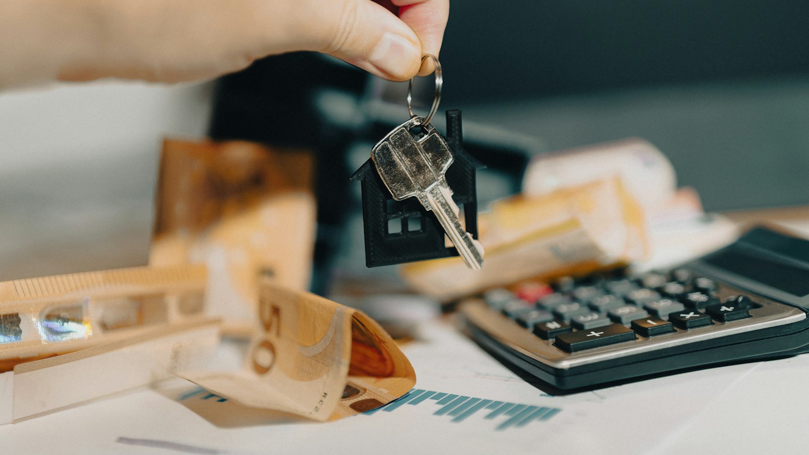 House keys held above a calculator and paperwork
