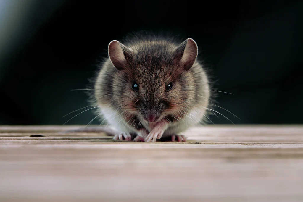 Mouse on a wooden surface in a dark room