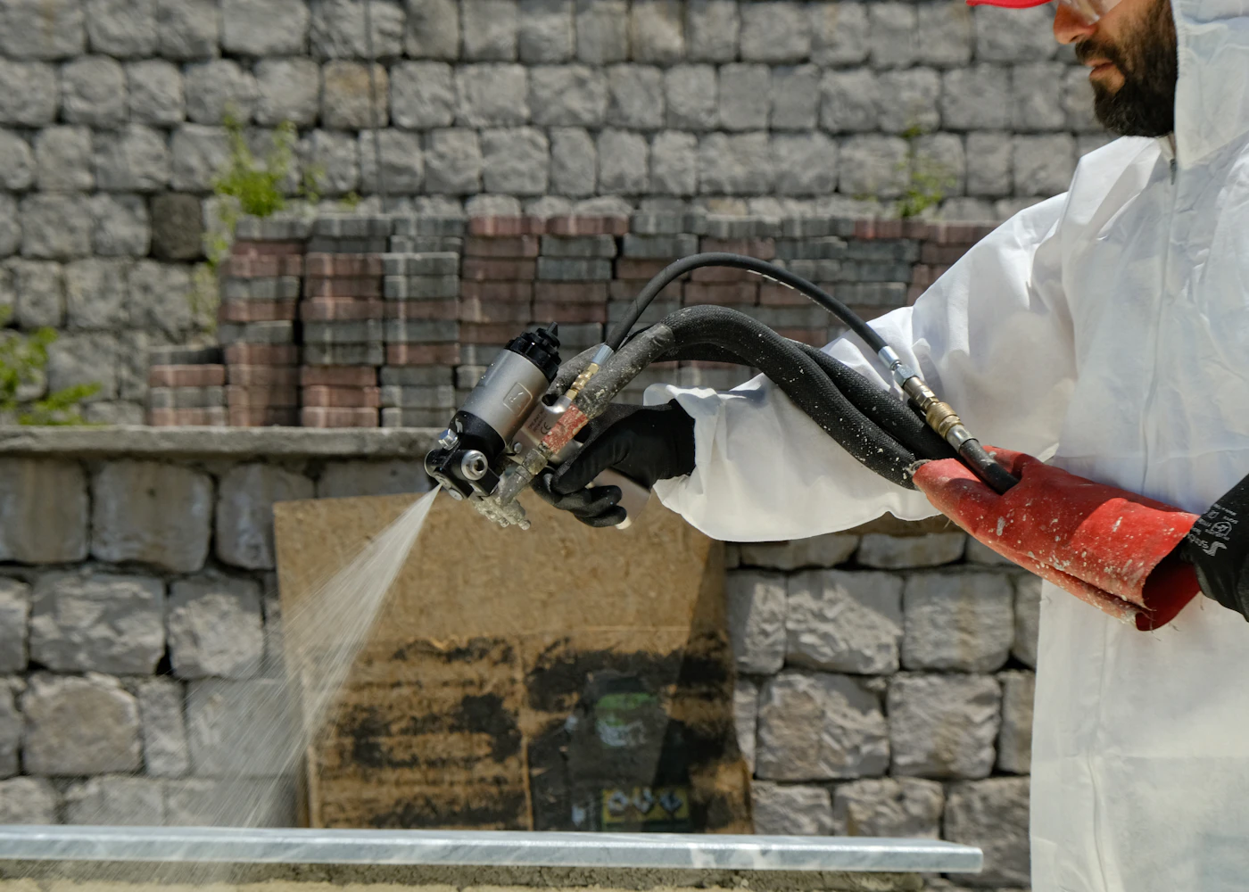 Technician in white coveralls spraying a brick wall